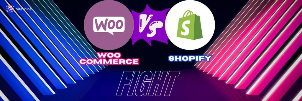 Graphic illustration comparing WooCommerce and Shopify with the word “Fight” and visual elements representing competition