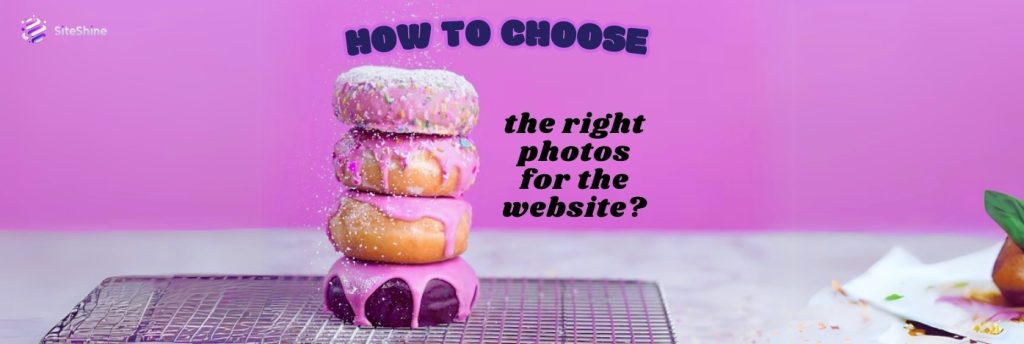 Stack of colorful donuts with powdered sugar and purple glaze on a wire rack with the title “How to choose the right photos for the website?”