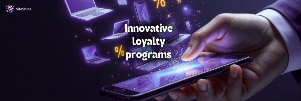 Hand holding smartphone with digital interface showing floating discount icons and laptops, representing loyalty program concept