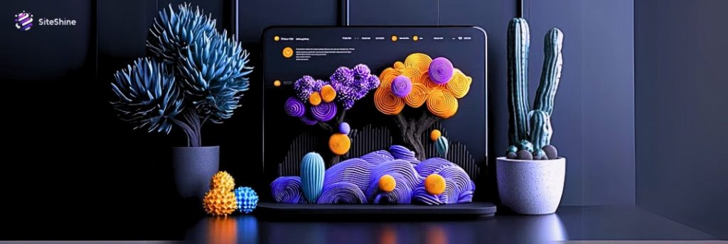Laptop displaying a colorful, abstract 3D website design surrounded by modern potted plants